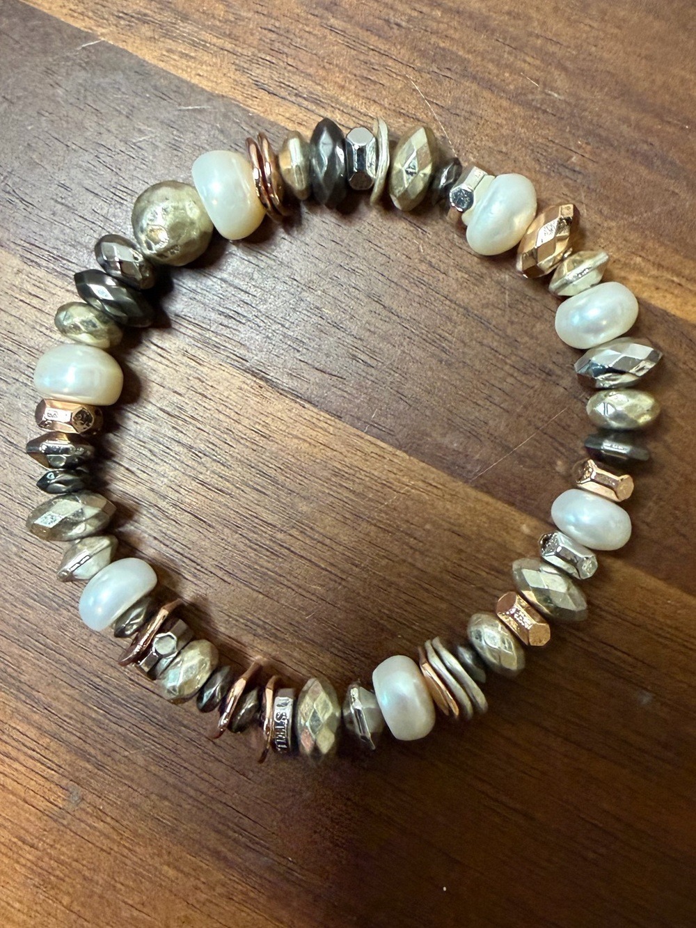 Stella & Dot Mixed Metal Freshwater Pearl Beaded Stretch Bracelet 7.5 Inch